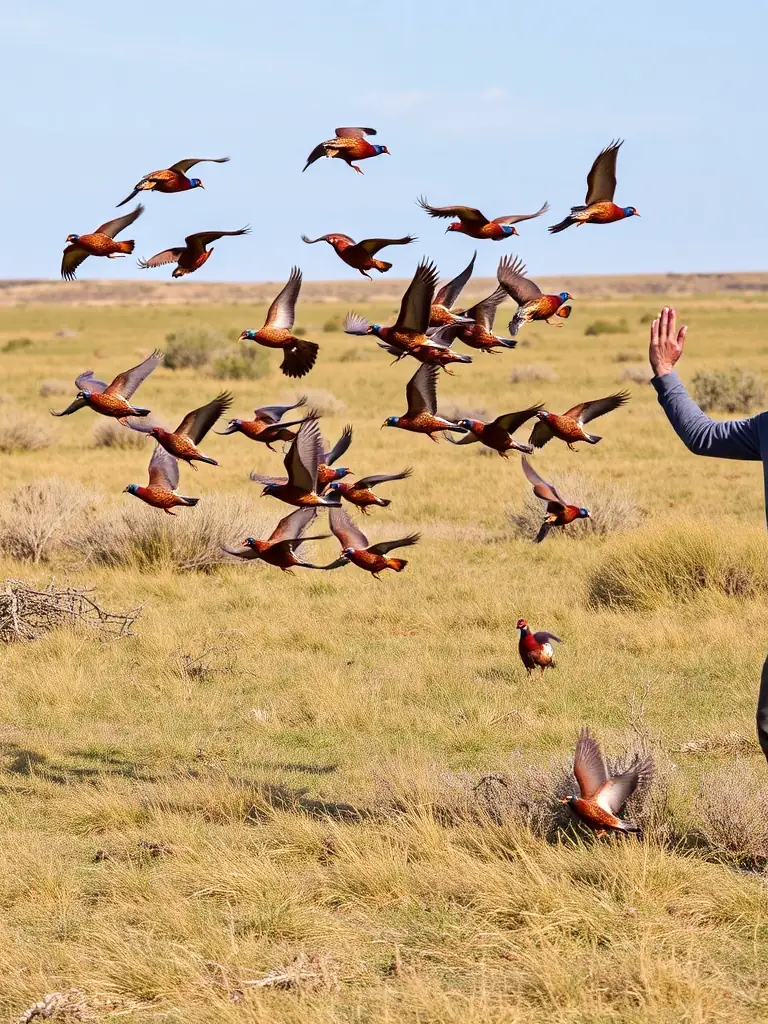 A photograph of volunteers releasing pheasants into a managed habitat, showcasing game restocking efforts.