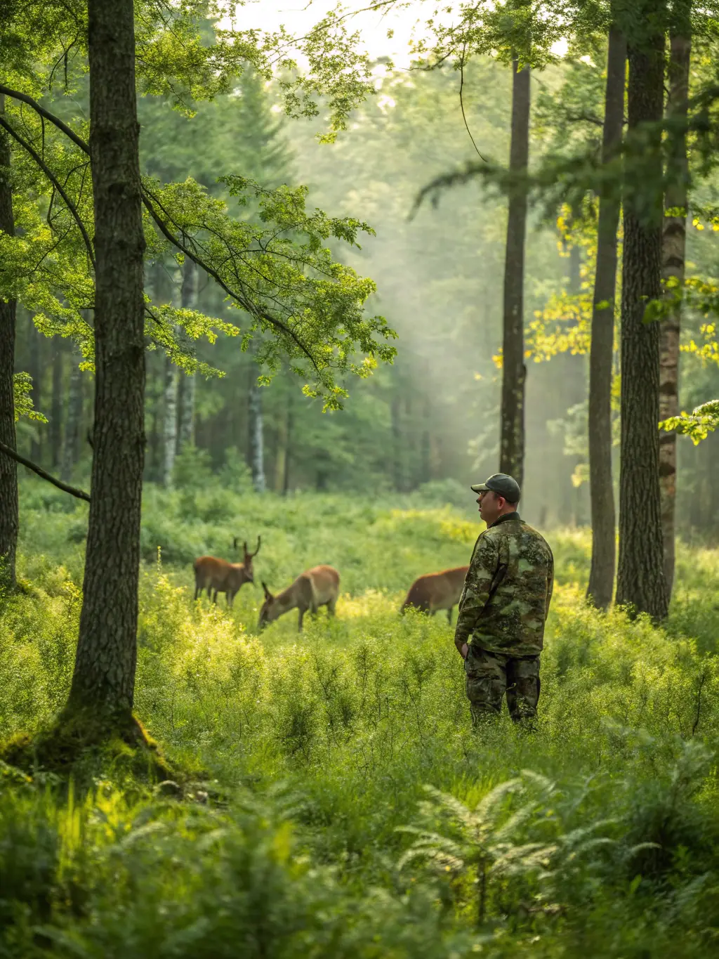 A close-up shot of a wildlife biologist carefully examining a deer's antlers in its natural habitat, showcasing the organization's commitment to understanding and managing local wildlife populations.
