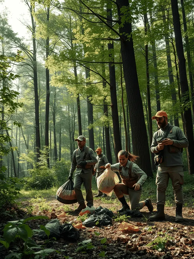 A photograph of SOCIETE COMMUNALE DES CHASSEURS DE SAINT AULAIRE members cleaning up a local forest area, demonstrating their commitment to environmental preservation and habitat maintenance.