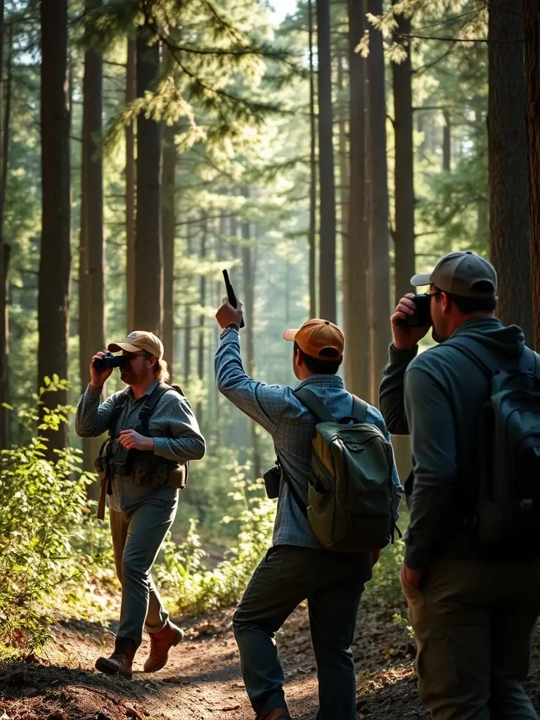 A photo of a team of wardens patrolling a forest area, equipped with binoculars and radios, symbolizing anti-poaching vigilance.