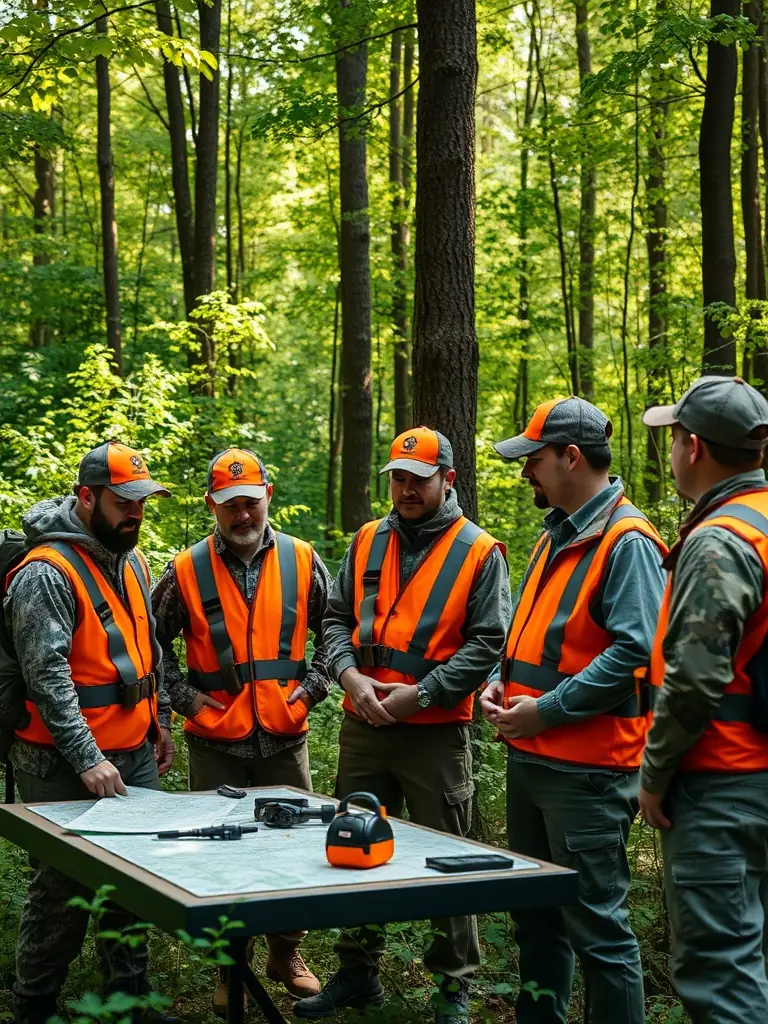 A photograph depicting a group of SOCIETE COMMUNALE DES CHASSEURS DE SAINT AULAIRE members participating in a controlled hunt, showcasing responsible hunting practices and wildlife management.