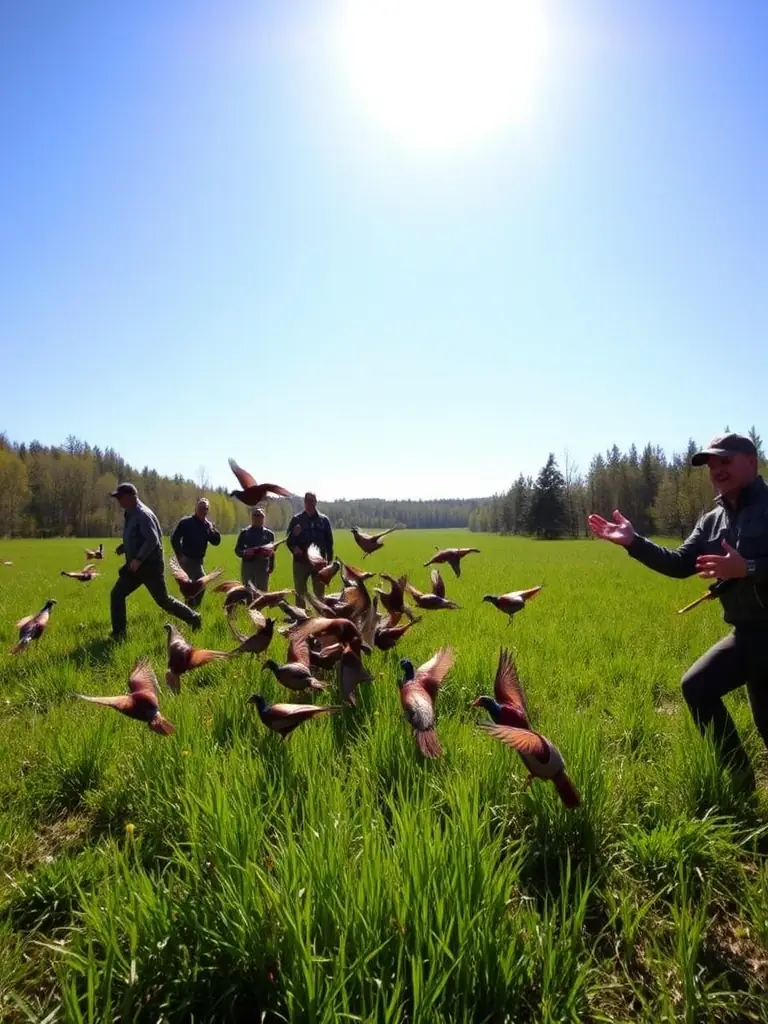 A photograph showing SOCIETE COMMUNALE DES CHASSEURS DE SAINT AULAIRE members releasing pheasants into a managed habitat, illustrating efforts to enhance local game populations.