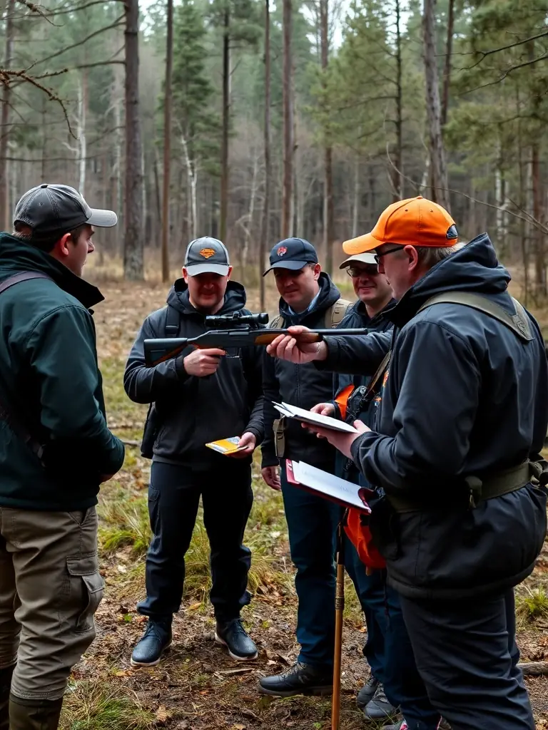 A photograph of SOCIETE COMMUNALE DES CHASSEURS DE SAINT AULAIRE members conducting a workshop on responsible hunting practices for local youth, emphasizing education and community involvement.