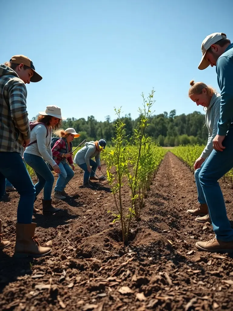 A wide shot of volunteers planting native trees and shrubs in a deforested area, illustrating the organization's active involvement in habitat restoration projects.