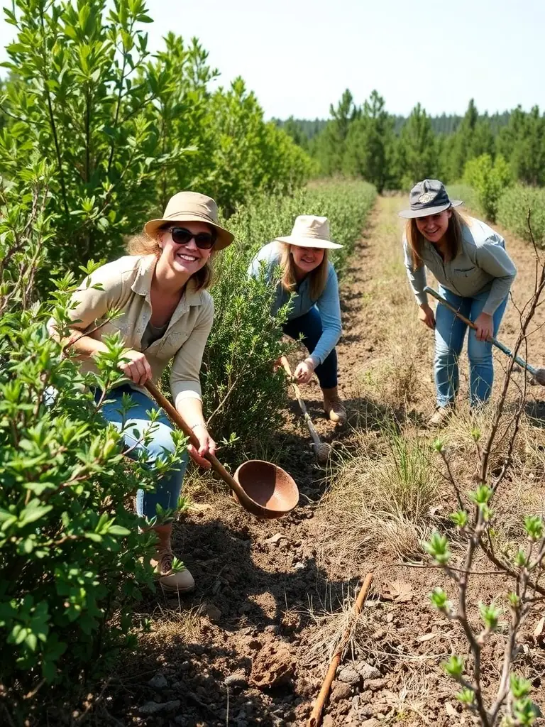 An image of a diverse group of people participating in a habitat cleanup, removing litter and planting native trees.