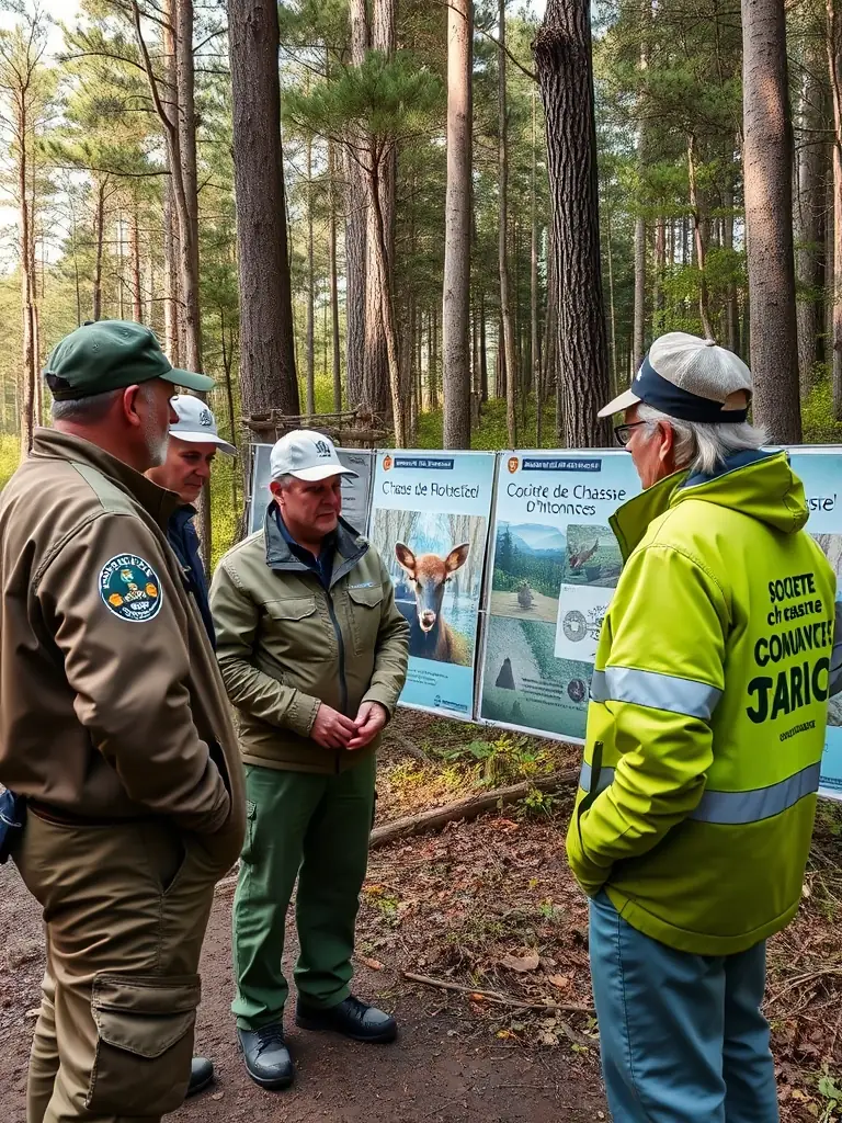 A photograph of a SOCIETE COMMUNALE DES CHASSEURS DE SAINT AULAIRE member educating a group of children about responsible hunting practices and wildlife conservation.